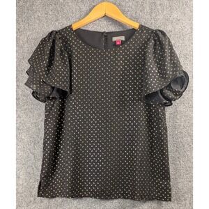 Vince Camuto Women's Black Gold Metallic Dot Flutter Sleeve Blouse Size S